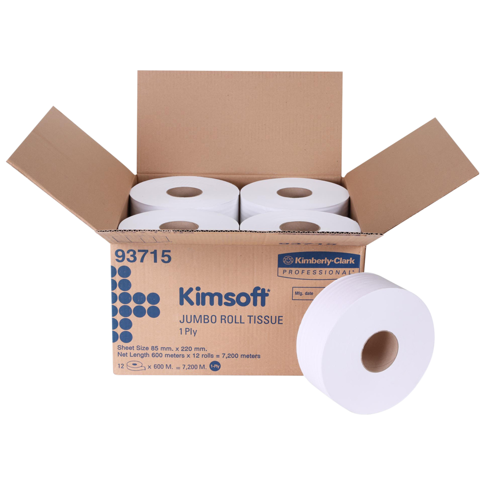 กระดาษชำระแบบม้วนใหญ่ JRT Kimsoft® (93715), สีขาว 1 ชั้น, 12 ม้วน / ลัง, 600 เมตร / ม้วน (รวม 7,200 เมตร) - 93715