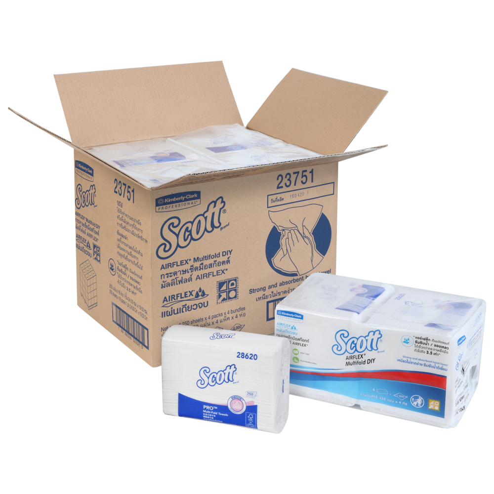 กระดาษเช็ดมือแบบพับหลายทบ Scott® (23751), สีขาว, 4 ถุง / กล่อง, 4 แพ็ค / ถุง, 250 แผ่น / แพ็ค (รวม 4000 แผ่น) - S053629972