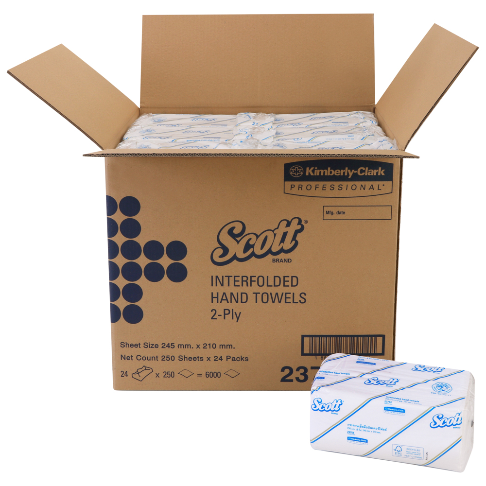 กระดาษเช็ดมือแบบพับครึ่ง Scott® (23754), สีขาว 2 ชั้น, 24 แพ็ค / กล่อง, 250 แผ่น / แพ็ค (รวม 6,000 แผ่น) - 23754