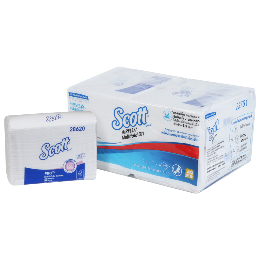 กระดาษเช็ดมือแบบพับหลายทบ Scott® (23751), สีขาว, 4 ถุง / กล่อง, 4 แพ็ค / ถุง, 250 แผ่น / แพ็ค (รวม 4000 แผ่น) - S053629972