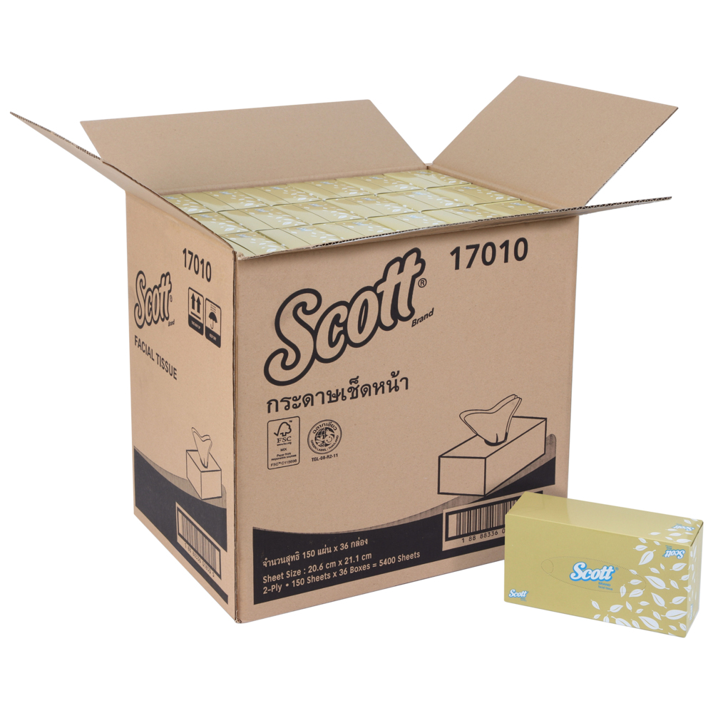 กระดาษทิชชู่เช็ดหน้ากล่องแบน Scott® (17010), สีขาว, 36 กล่อง / ลัง, 150 แผ่น / กล่อง (รวม 5400 แผ่น) - S050058776