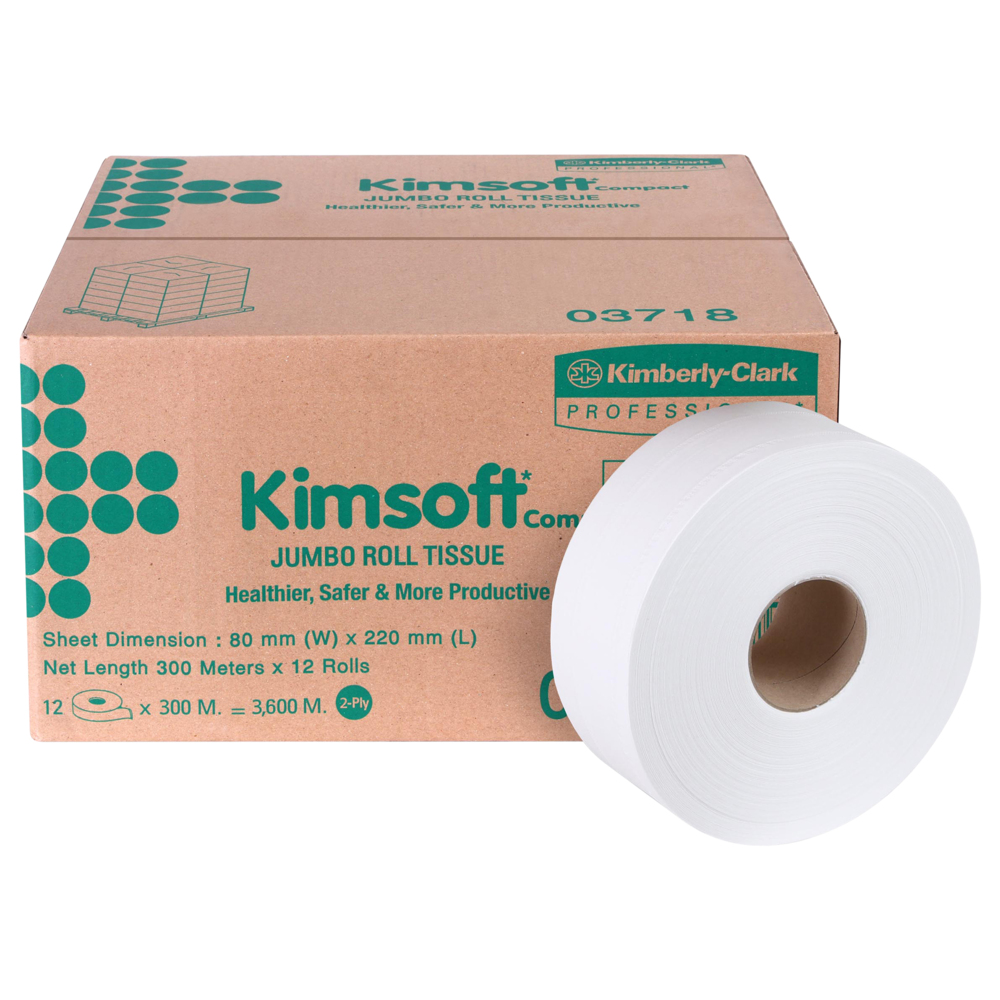 กระดาษชำระแบบม้วนใหญ่ JRT Kimsoft® COMPACT (03718), สีขาว 2 ชั้น, 12 ม้วน / ลัง, 300 เมตร / ม้วน (รวม 3,600 เมตร) - 03718