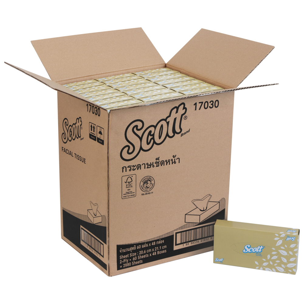 กระดาษทิชชู่เช็ดหน้ากล่องแบน Scott® (17030), สีขาว, 48 กล่อง / ลัง, 60 แผ่น / กล่อง (รวม 2880 แผ่น) - S050058767