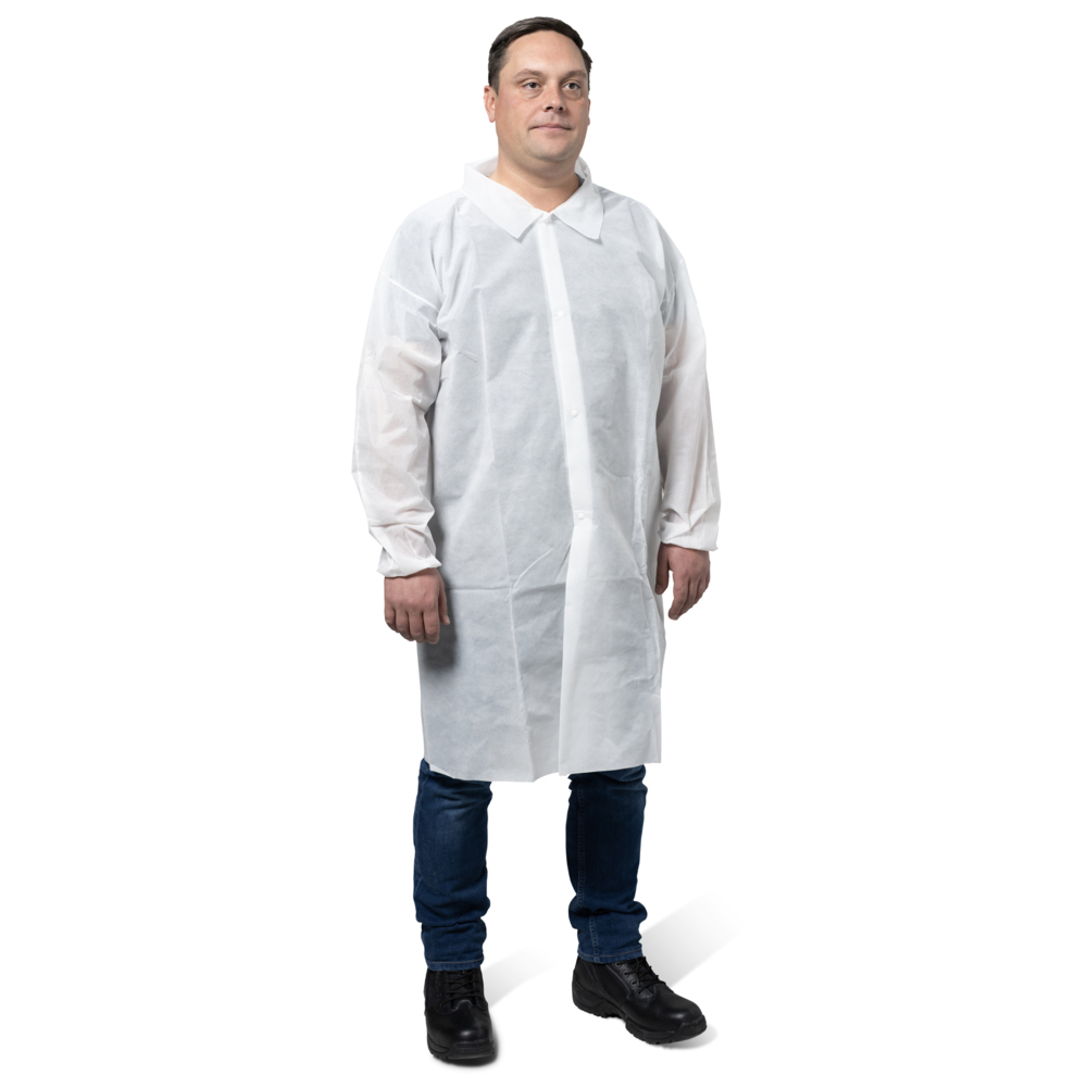 KleenGuard™ KGA10 Standard Weight Lab Coat for Non-Hazardous Particulate Protection (67322), 4-Snap Closure, Elastic Wrists, No Pockets, White, 2XL (Qty 50) - 67322