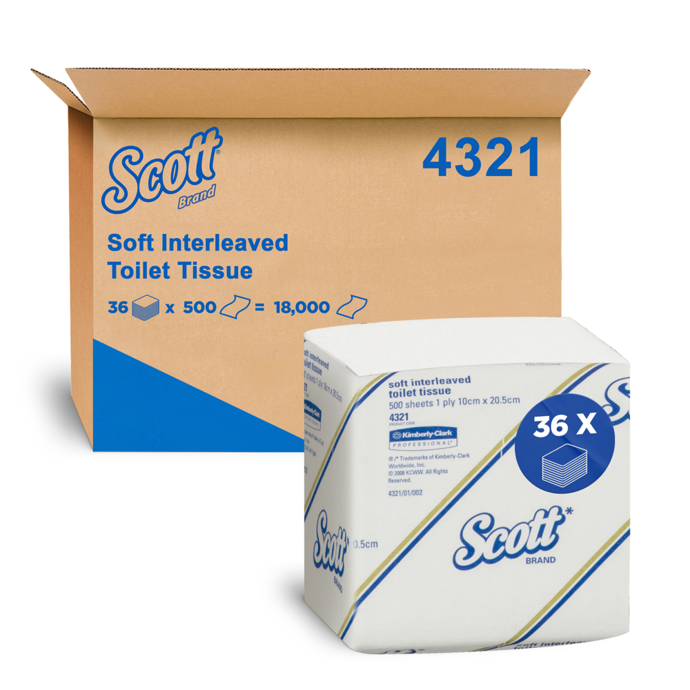SCOTT® Soft Interleaved Toilet Tissue (4321), Folded Toilet Paper, White, 36 Packs / Case, 500 Sheets / Pack (18,000 Sheets) - S050010923