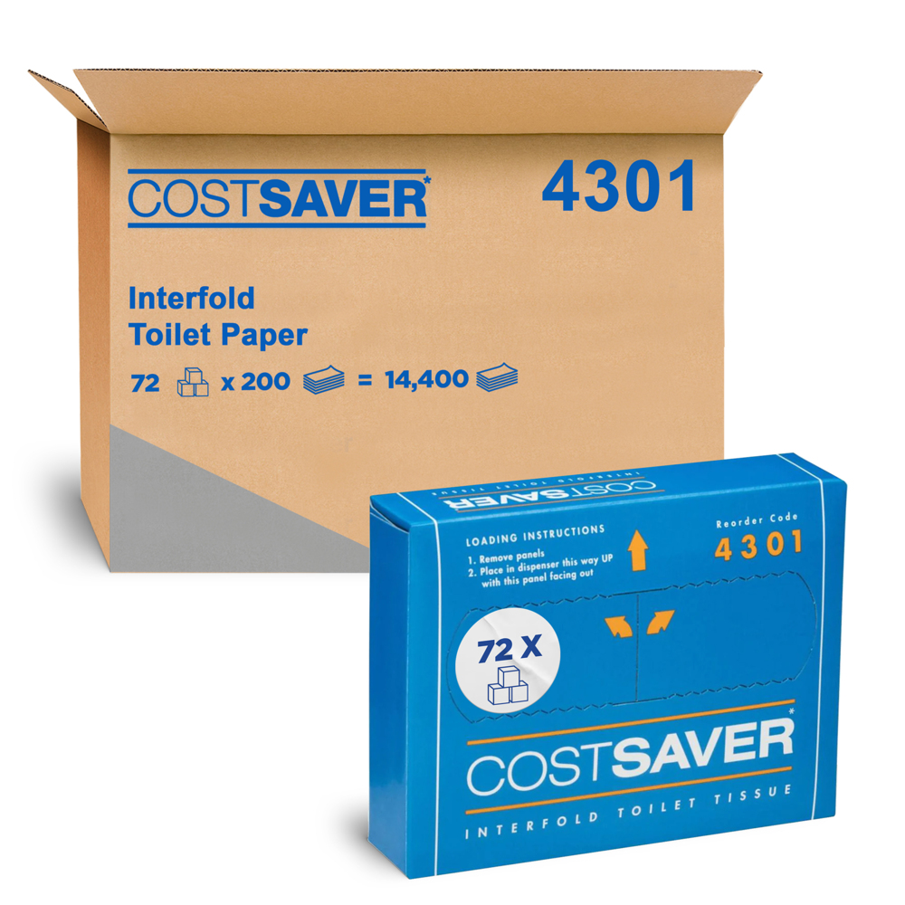 COSTSAVER® Interfold Toilet Paper (4301), 1-Ply Toilet Tissue, White, 72 Packs / Case, 200 Sheets / Pack (14,400 Sheets) - S050010888