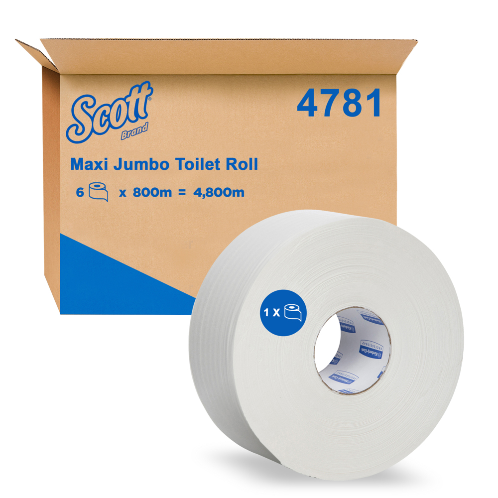 SCOTT® Maxi Jumbo Toilet Roll (4781), 1-Ply Toilet Tissue, White, 6 Rolls / Case, 800m / Roll (4800m) - S050058880