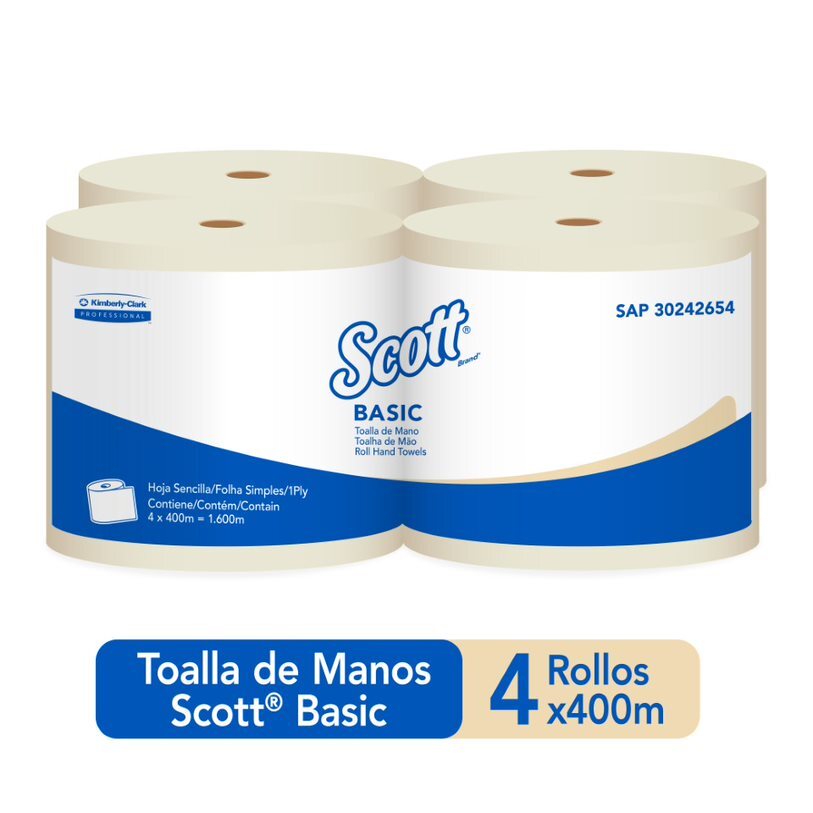 Scott® ​ Basic Toalla de Manos Rollo Natural 30242654​ - 400 m/Rollo, 4rollos/paq (1600m Total) - S061403265