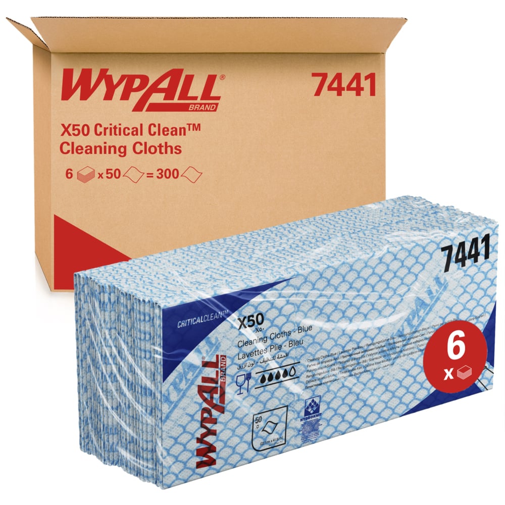 WypAll® X50 Critical Clean™ Colour Coded Cleaning Cloths 7441 - Blue Wiping Cloths - 6 Packs x 50 Interfolded Colour Coded Cloths (300 total)