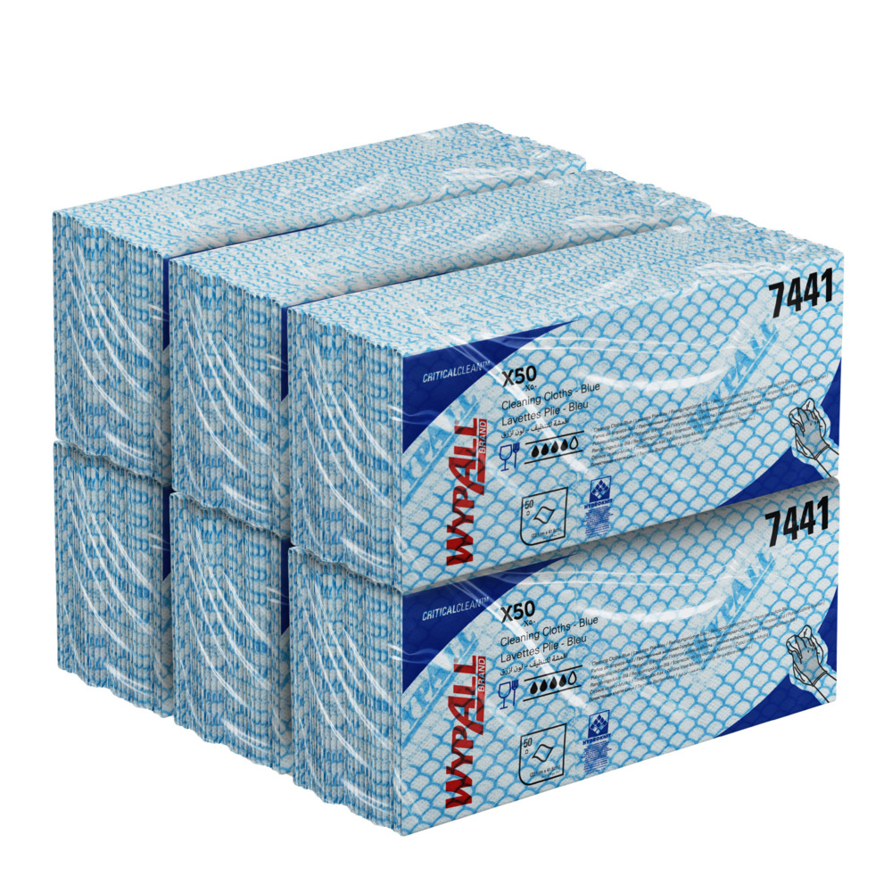 WypAll® X50 Critical Clean™ Farbcodierte Reinigungstücher 7441 – Blaue Reinigungstücher – 6 Packungen x 50 Farbcodierte Reinigungstücher mit Interfold-Faltung (insges. 300) - 7441