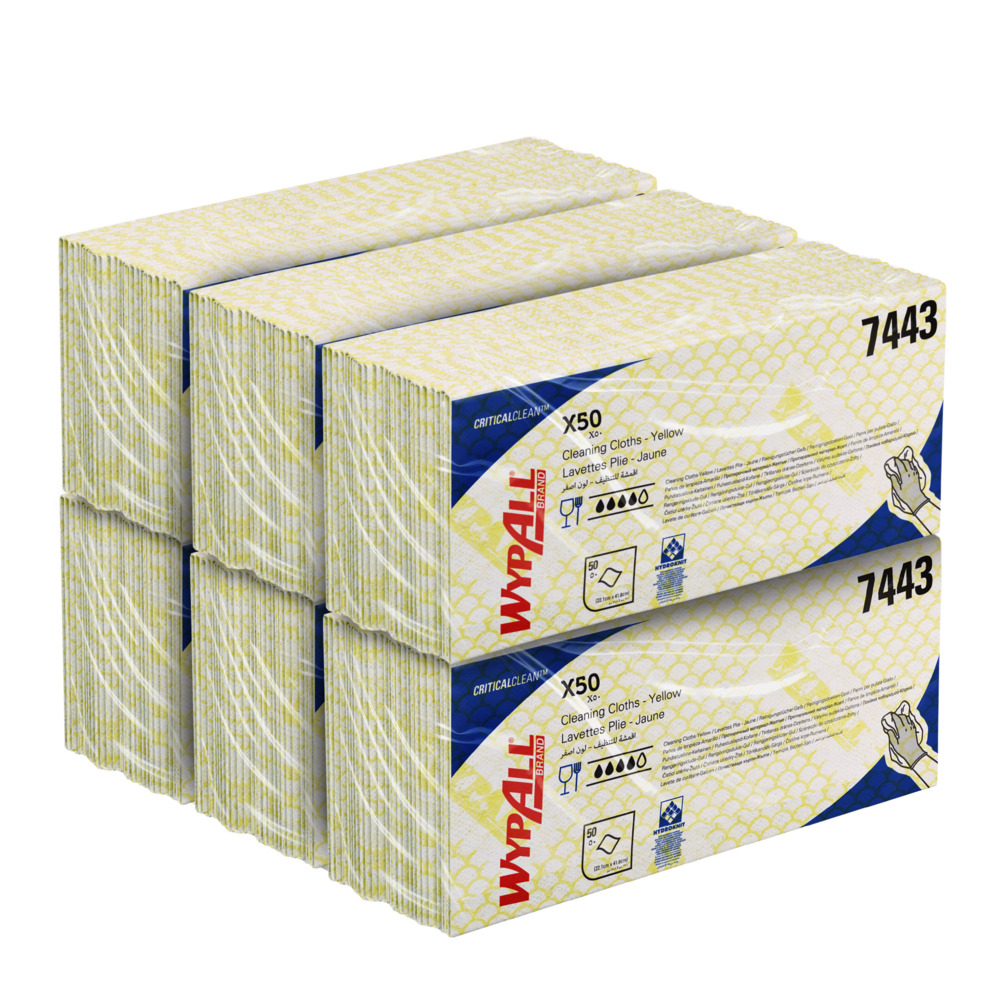 Paños de limpieza codificados por colores WypAll® X50 7443 - Paños de limpieza amarillos - 6 paquetes x 50 paños codificados por colores interplegados (300 en total) - 7443
