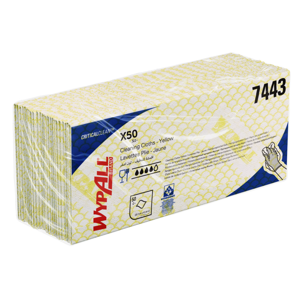 WypAll® X50 Critical Clean™ Colour Coded Cleaning Cloths 7443 - Yellow Wiping Cloths - 6 Packs x 50 Interfolded Colour Coded Cloths (300 total) - 7443