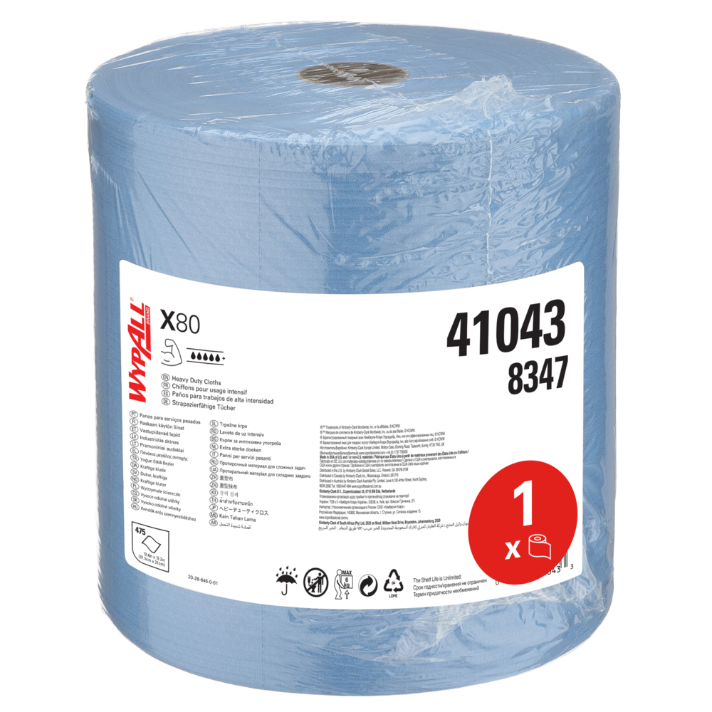Paños WypAll® X80 Power Clean™ 8347 - Paños de limpieza reutilizables - 1 rollo azul grande x 475 paños absorbentes - 8347