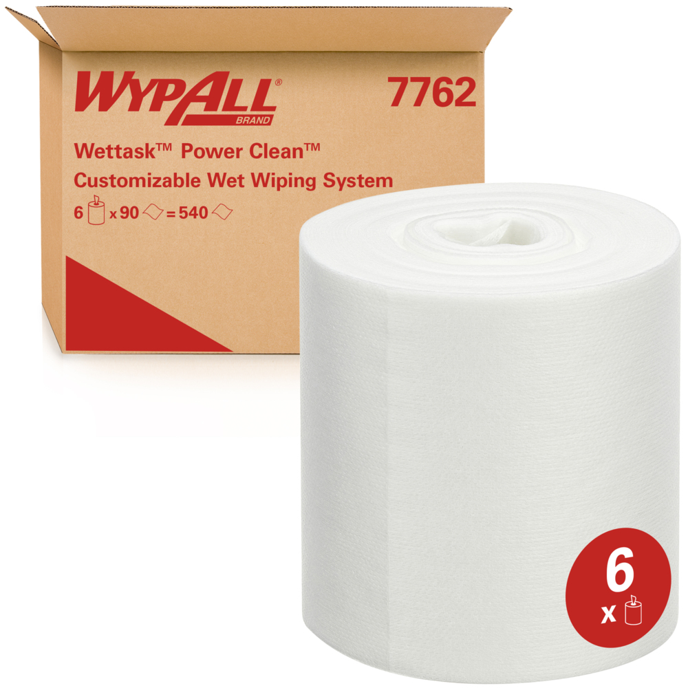 Paños de limpieza WypAll® Wettask™ Power Clean™ para disolventes 7762 -  Paños industriales - 6 rollos x 90 paños de limpieza blancos (540 en total)