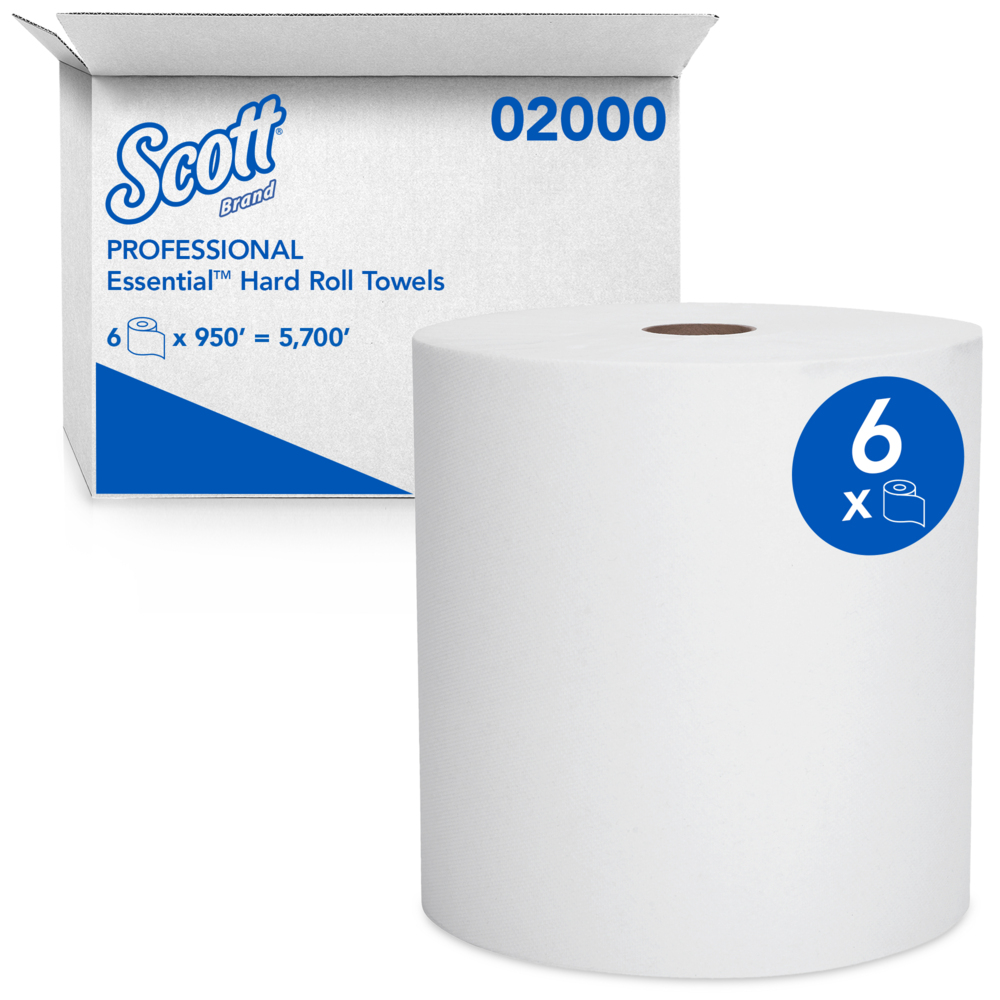 Scott® Essential High Capacity Hard Roll Paper Towels (02000), 1.75 Core,  White, Compact Case for Easy Storage, (6 Rolls/Case, 950'/Roll, 5,700'/Case)