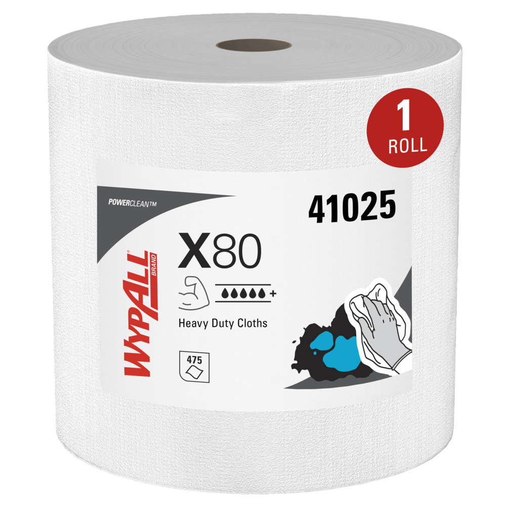 WypAll® PowerClean™ X80 Heavy Duty Cloths (41025), Jumbo Roll, Extended Use  Towels, White (475 Sheets/Roll, 1 Roll/Case, 475 Sheets/Case)