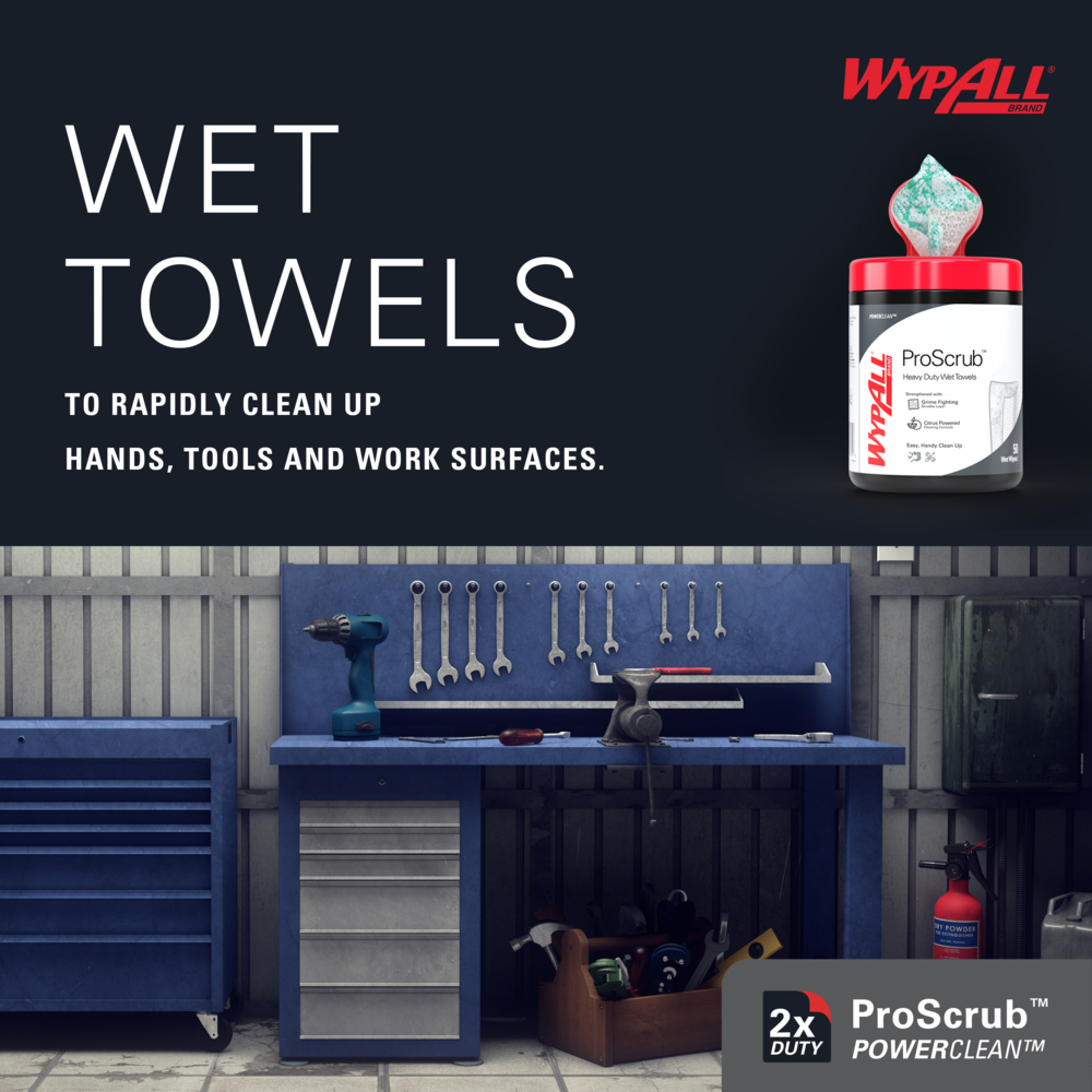 WypAll® PowerClean™ ProScrub™ Heavy Duty Wet Towels (58310), Dual Action Cleaning, Large 9.5" x 12" Wipes, Canister Included (50 Sheets/Canister, 8 Canisters/Case, 400 Sheets/Case) - 58310