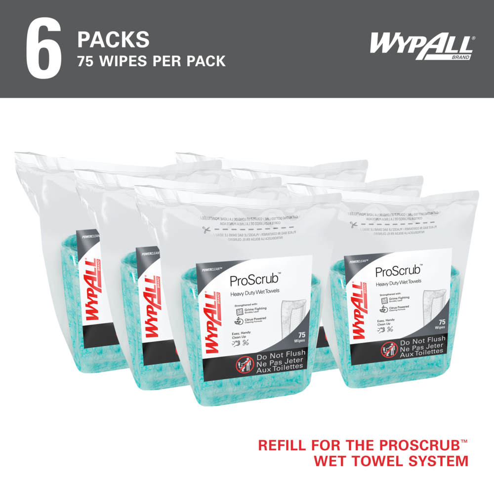 WypAll® PowerClean™ ProScrub™ Heavy Duty Wet Towels (91367), Dual Action Cleaning, Large 9.5" x 12" Wipes, Refill Only (75 Sheets/Pack, 6 Packs/Case, 450 Sheets/Case) - 91367