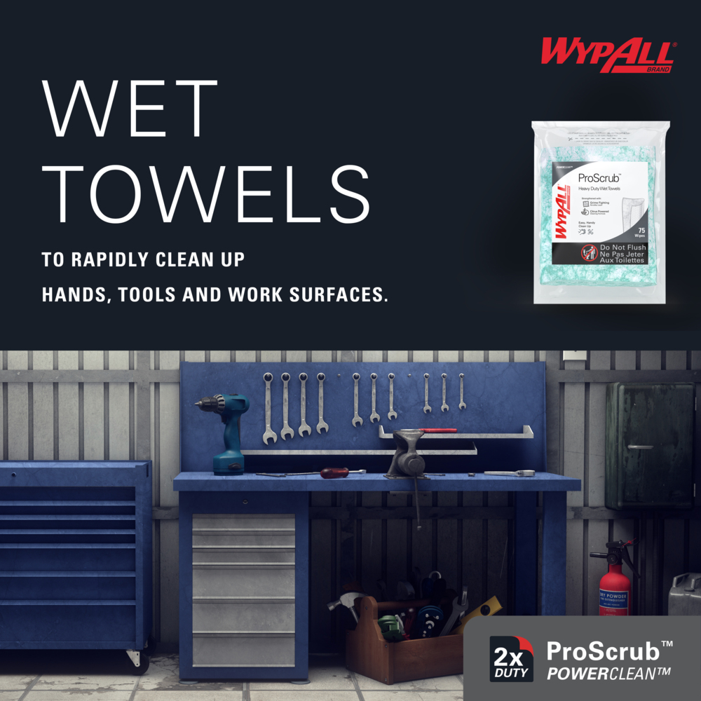 WypAll® PowerClean™ ProScrub™ Heavy Duty Wet Towels (91367), Dual Action Cleaning, Large 9.5" x 12" Wipes, Refill Only (75 Sheets/Pack, 6 Packs/Case, 450 Sheets/Case) - 91367