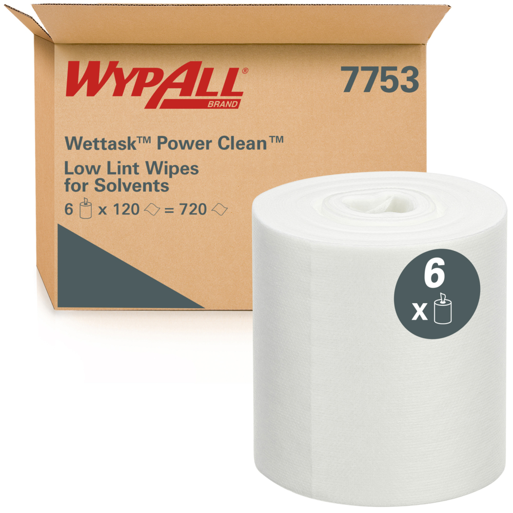 WypAll® Wettask™ Power Clean™ fusselarme Reinigungstücher für Lösungsmittel 7753 – industrielle Reinigungstücher – 6 Rollen x 120 weiße Reinigungstücher (insg. 720)