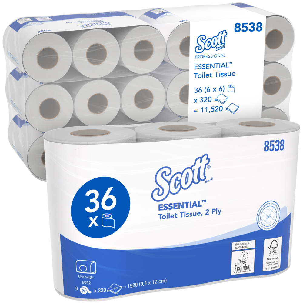 Scott® Essential™ Standard Size Toilet Roll 8538 - 2 Ply Toilet Paper - 6 Packs of 6 Toilet Rolls x 320 White Toilet Tissue Sheets (36 Rolls / 11,520 Sheets Total)