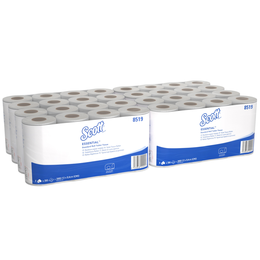 Scott® Essential™ Standaardrollen Toilettissue 8519 - 2-laags toiletpapier - 8 pakketten met 8 toiletrollen x 350 witte vellen toilettissue (64 rollen / 22.400 vellen) - 8519