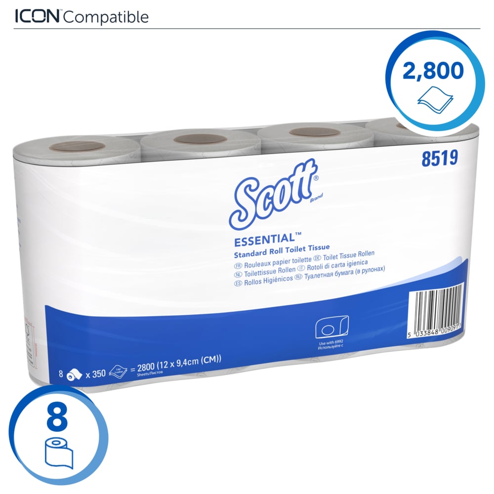 Papier toilette en rouleau standard Scott® Essential™ 8519 - 2 plis - 64 rouleaux de 350 feuilles blanches (22 400 feuilles au total) - 8519