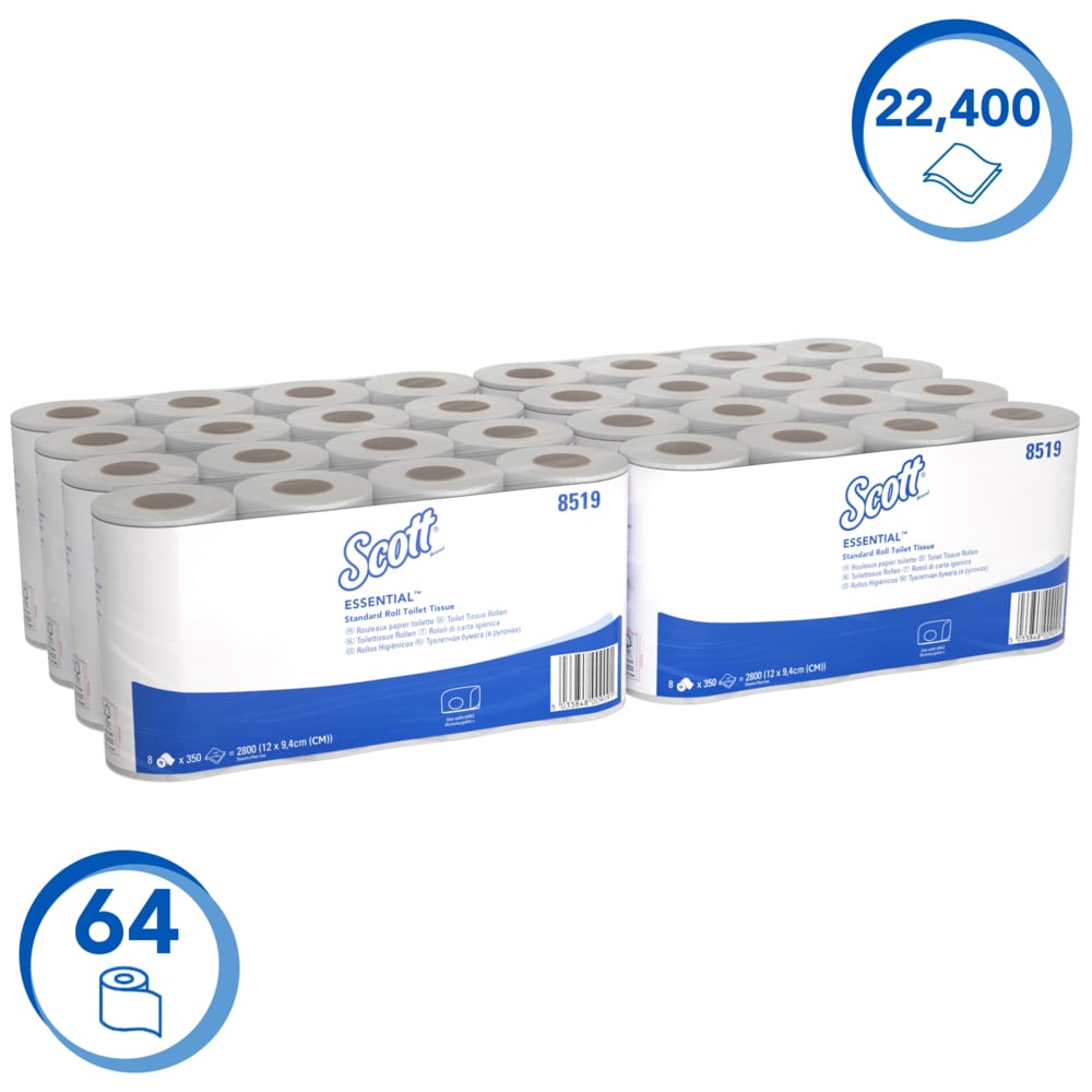 Papier toilette en rouleau standard Scott® Essential™ 8519 - 2 plis - 64 rouleaux de 350 feuilles blanches (22 400 feuilles au total) - 8519