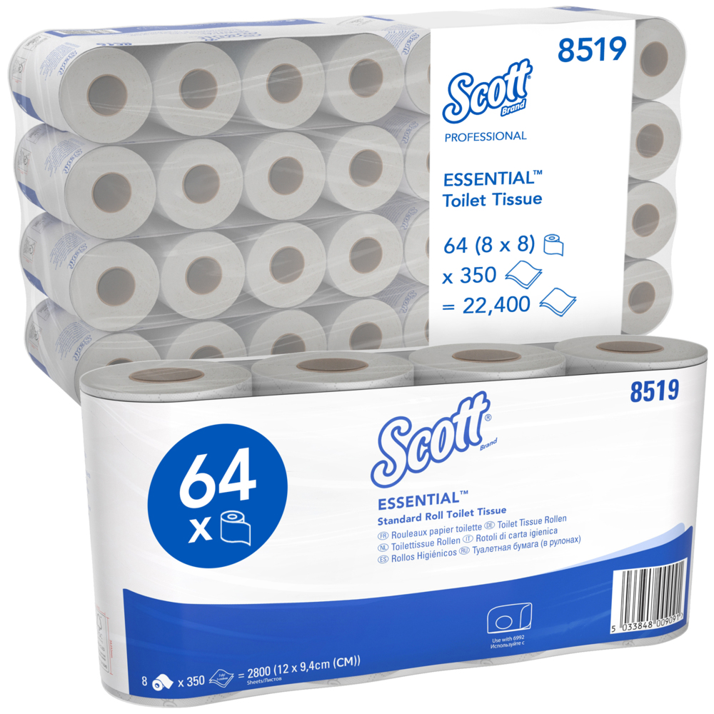 Scott® Essential™ Standaardrollen Toilettissue 8519 - 2-laags toiletpapier - 8 pakketten met 8 toiletrollen x 350 witte vellen toilettissue (64 rollen / 22.400 vellen) - 8519