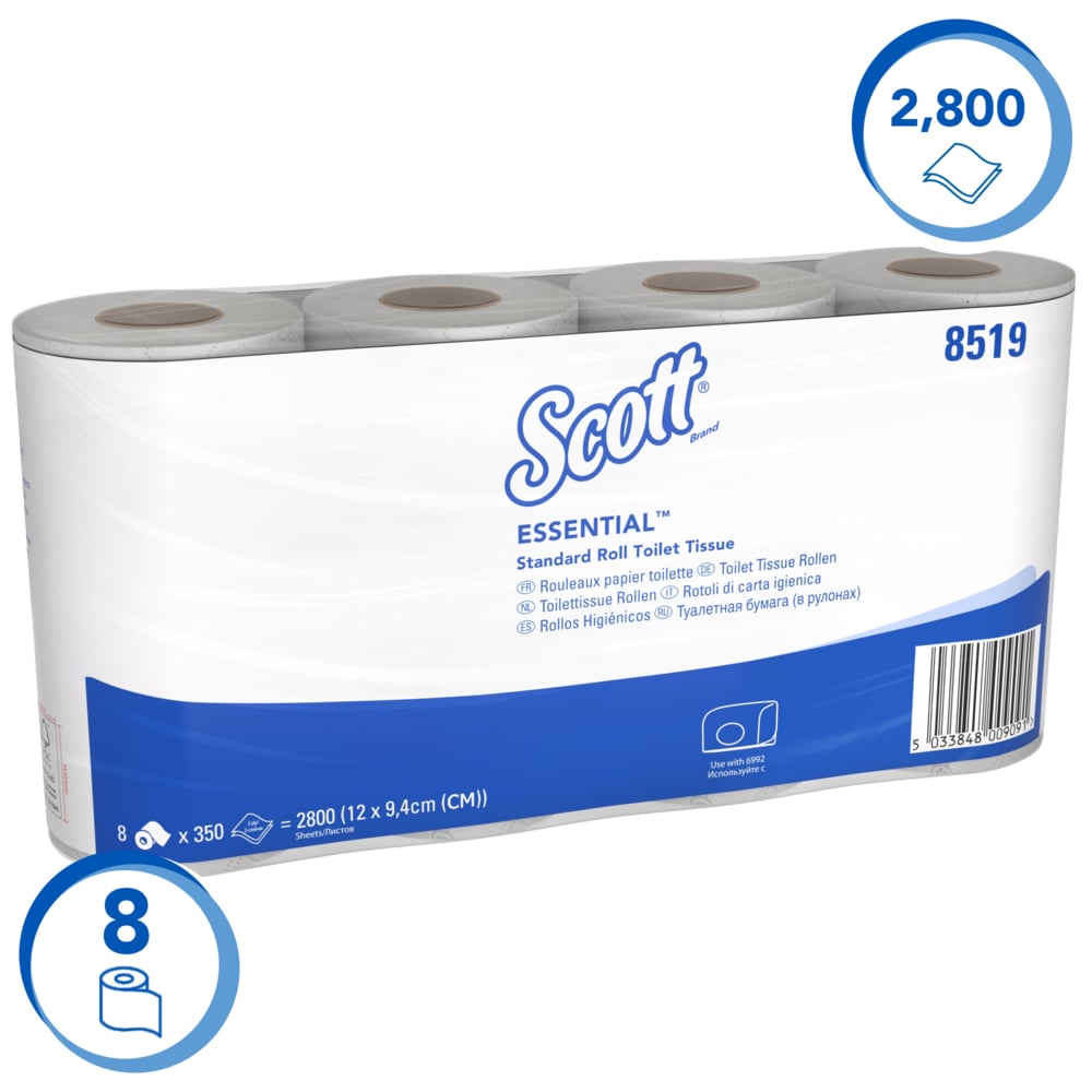 Papier toilette en rouleau standard Scott® Essential™ 8519 - 2 plis - 64 rouleaux de 350 feuilles blanches (22 400 feuilles au total) - 8519