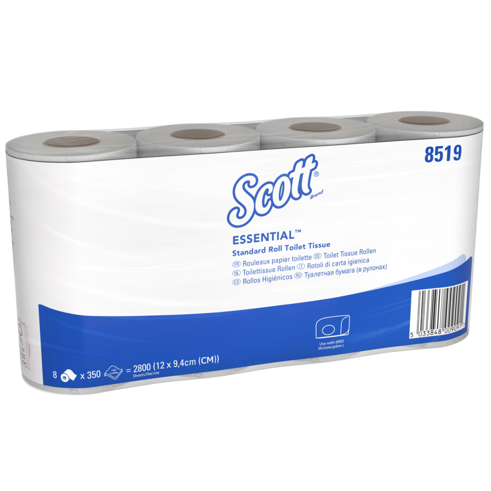 Scott® Essential™ Standaardrollen Toilettissue 8519 - 2-laags toiletpapier - 8 pakketten met 8 toiletrollen x 350 witte vellen toilettissue (64 rollen / 22.400 vellen) - 8519