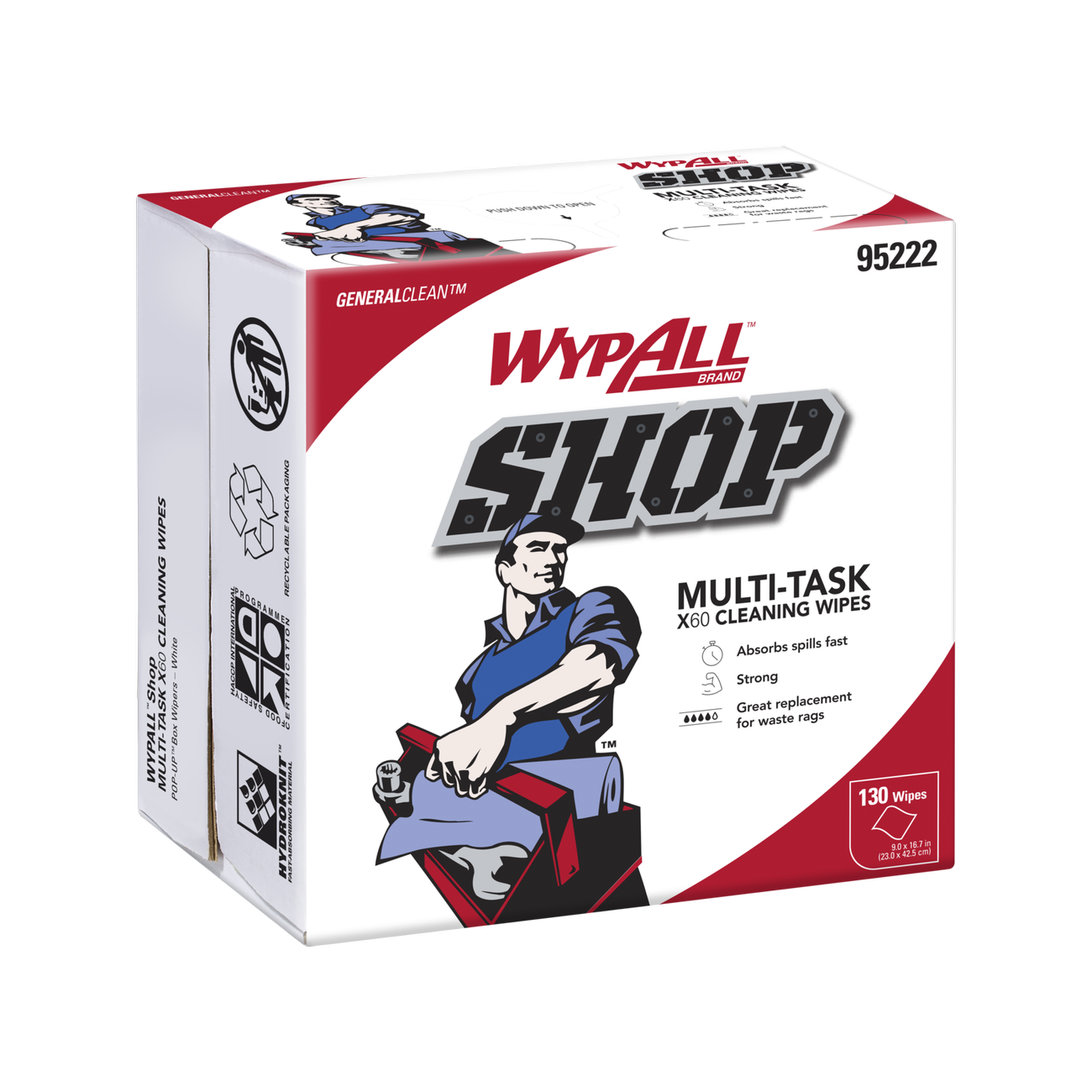WYPALL® SHOP Multi-task X60 Cleaning Wipes (95222), White, Pop-Up Dispenser Box (130 Wipes/Box, 10 Boxes/Case, 1,300 Wipes/Case) - S062741010