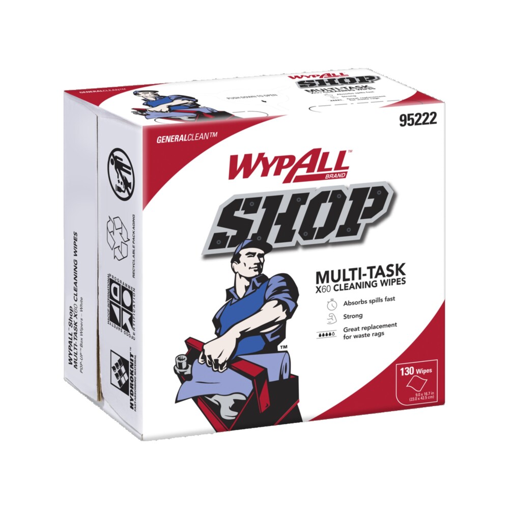 WYPALL® SHOP Multi-task X60 Cleaning Wipes (95222), White, Pop-Up Dispenser Box (130 Wipes/Box, 10 Boxes/Case, 1,300 Wipes/Case) - S062741010