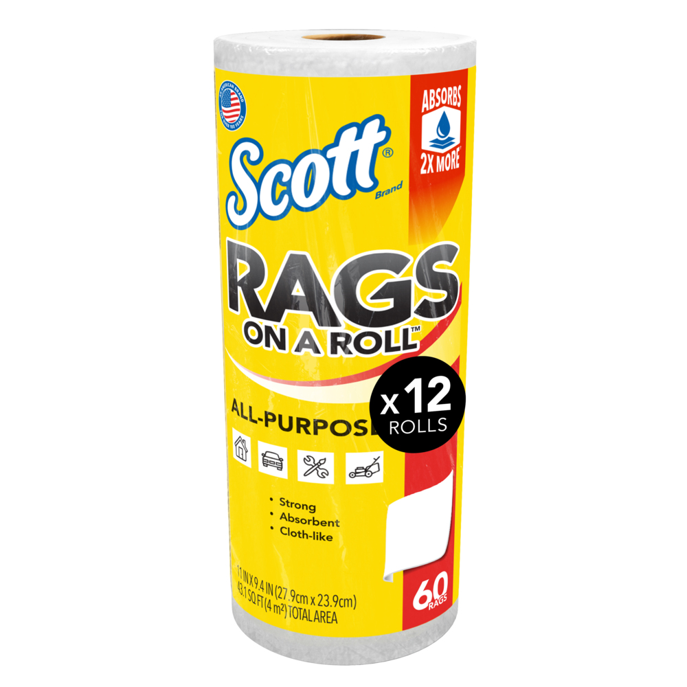 Scott® Rags On A Roll™ (54992), All-Purpose Towels, 9.4"x11" sheets (60 Towels/Roll, 12 Rolls/Case, 720 Towels/Case) - 54992