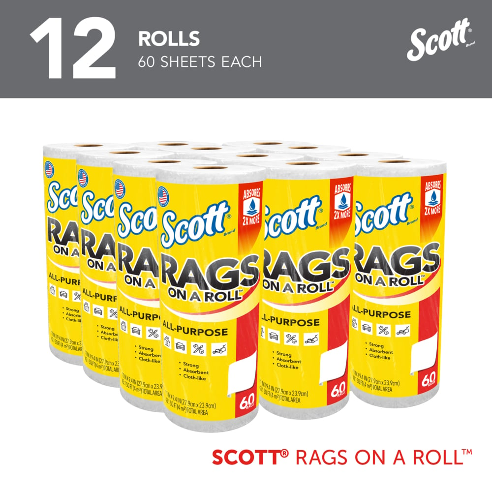 Scott® Rags On A Roll™ (54992), All-Purpose Towels, 9.4"x11" sheets (60 Towels/Roll, 12 Rolls/Case, 720 Towels/Case) - 54992