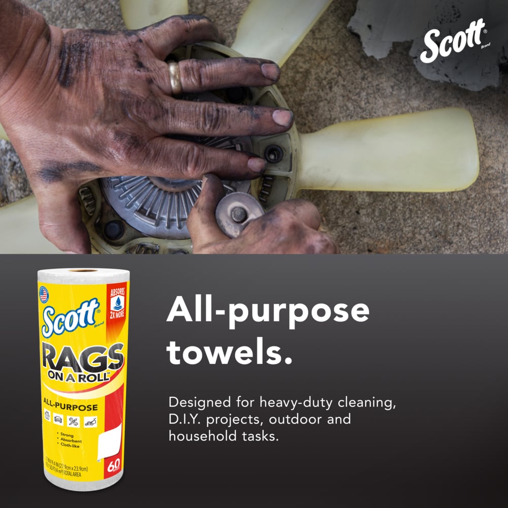 Scott® Rags On A Roll™ (54992), All-Purpose Towels, 9.4"x11" sheets (60 Towels/Roll, 12 Rolls/Case, 720 Towels/Case) - 54992