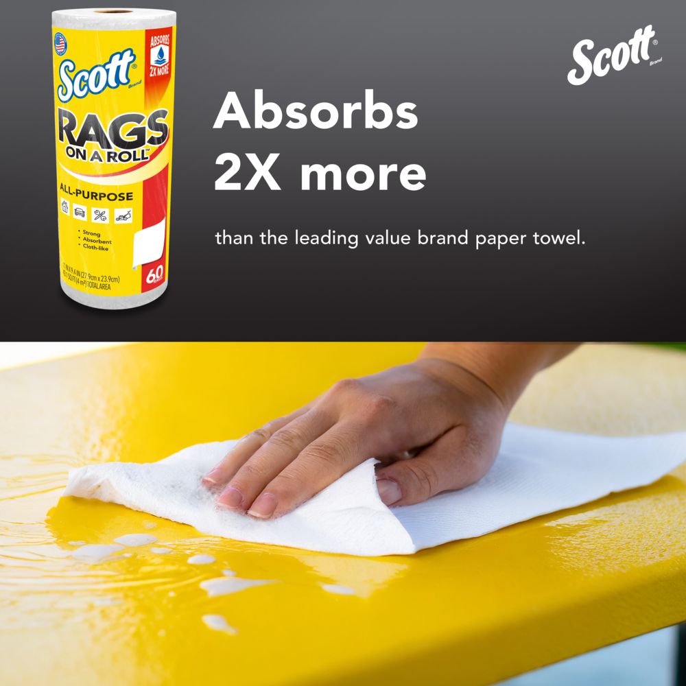 Scott® Rags On A Roll™ (54992), All-Purpose Towels, 9.4"x11" sheets (60 Towels/Roll, 12 Rolls/Case, 720 Towels/Case) - 54992