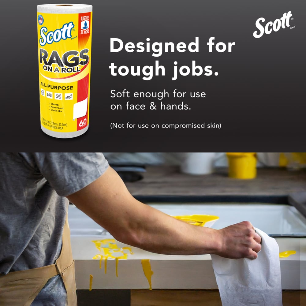 Scott® Rags On A Roll™ (54992), All-Purpose Towels, 9.4"x11" sheets (60 Towels/Roll, 12 Rolls/Case, 720 Towels/Case) - 54992