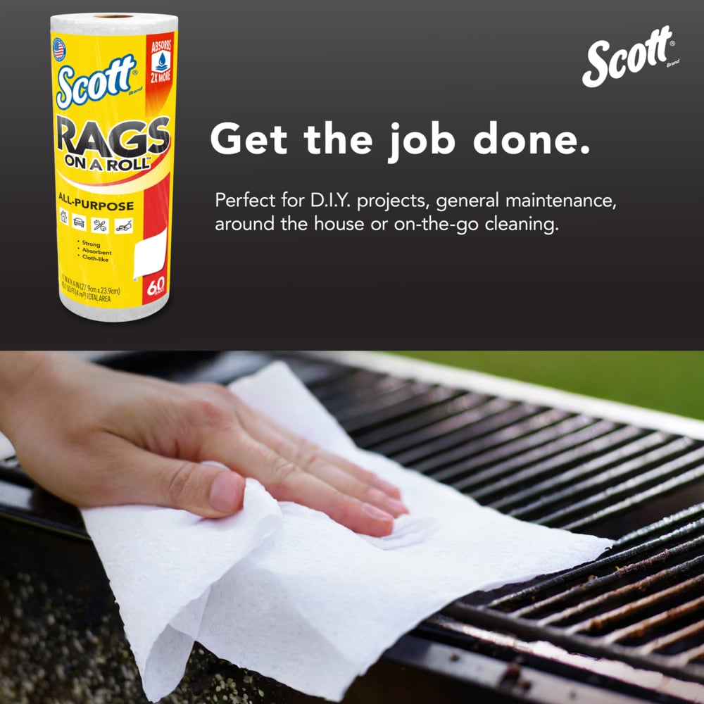 Scott® Rags On A Roll™ (54992), All-Purpose Towels, 9.4"x11" sheets (60 Towels/Roll, 12 Rolls/Case, 720 Towels/Case) - 54992