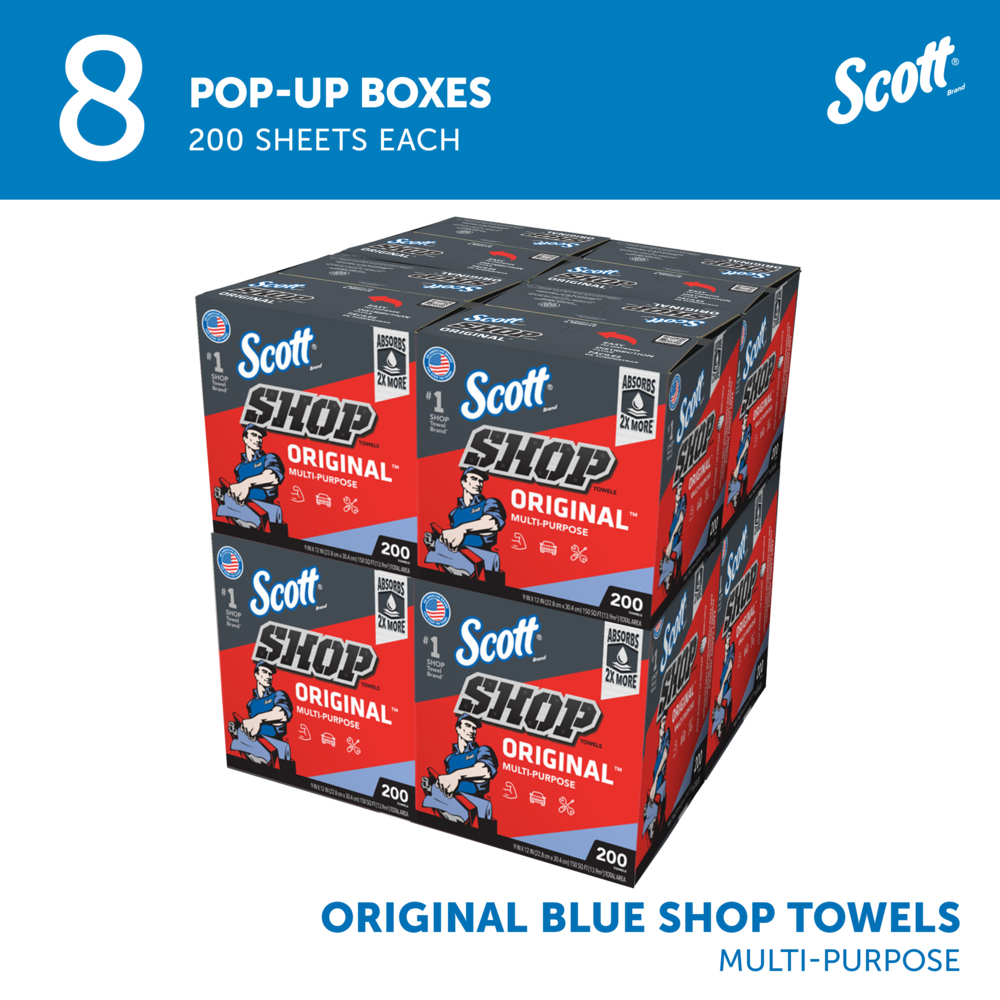 Scott® Shop Towels Original™ (75190), Original Blue Shop Towels, 9"x12" sheets, Pop-Up™ Box (200 Towels/Box, 8 Boxes/Case, 1,600 Towels/Case) - 75190