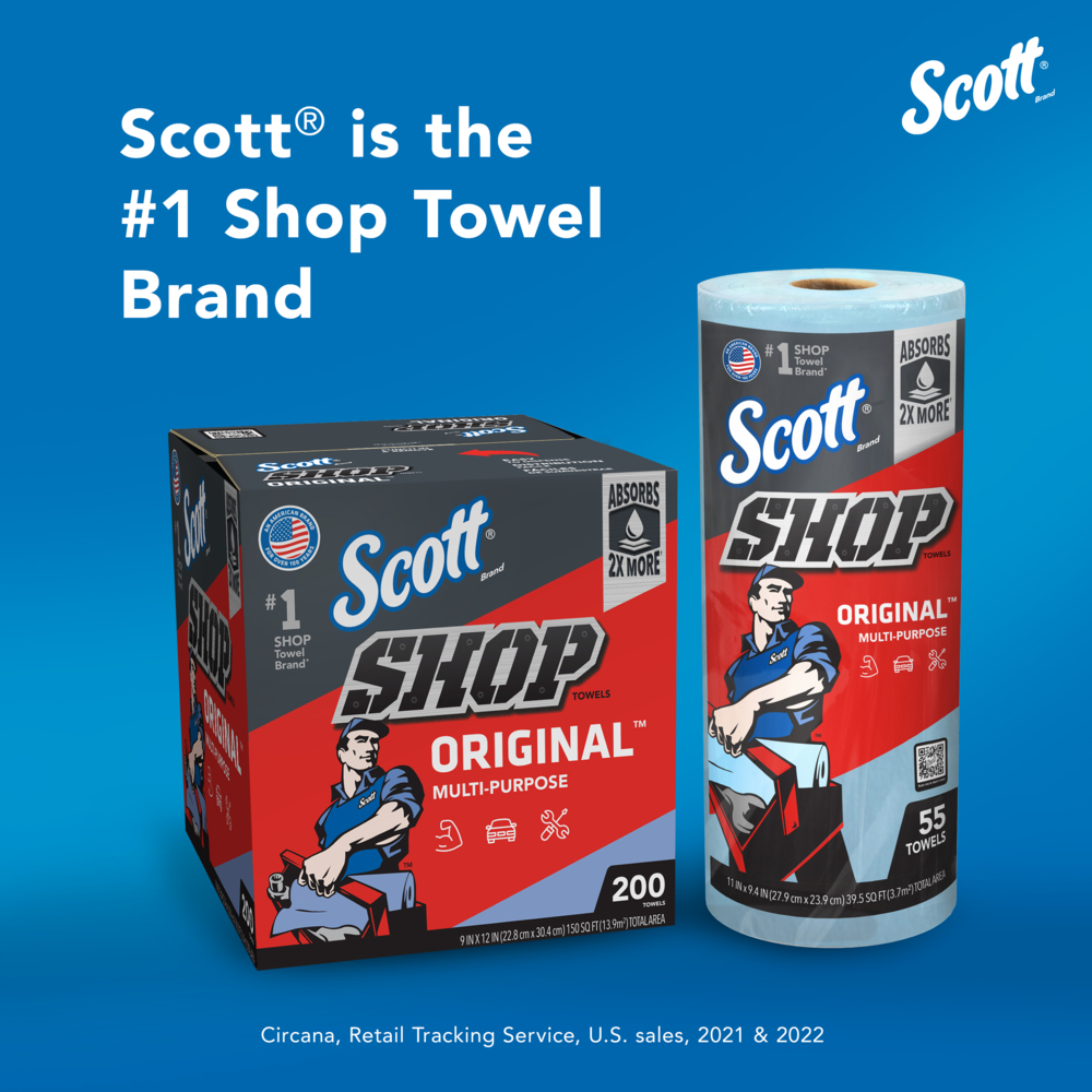 Scott® Shop Towels Original™ (75190), Original Blue Shop Towels, 9"x12" sheets, Pop-Up™ Box (200 Towels/Box, 8 Boxes/Case, 1,600 Towels/Case) - 75190