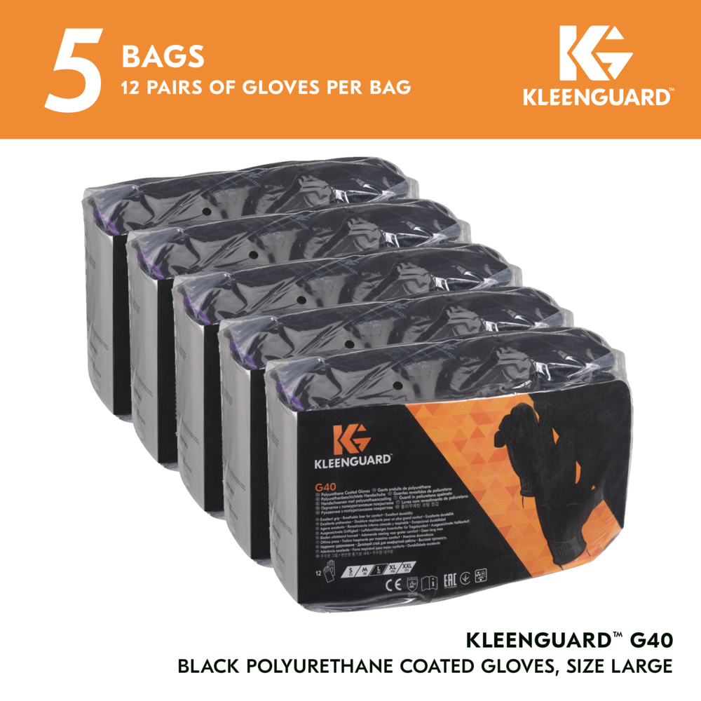 KleenGuard™ G40 Polyurethane Coated Gloves (13839), Thin Mil, Hand-Specific, Black, L (12 Pairs/Bag, 5 Bags/Case, 60 Pairs/Case) - 13839