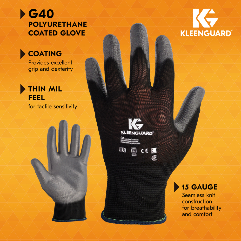 KleenGuard™ G40 Polyurethane Coated Gloves (38729), Thin Mil, Hand-Specific, Black/Grey, XL (12 Pairs/Bag, 5 Bags/Case, 60 Pairs/Case) - 38729