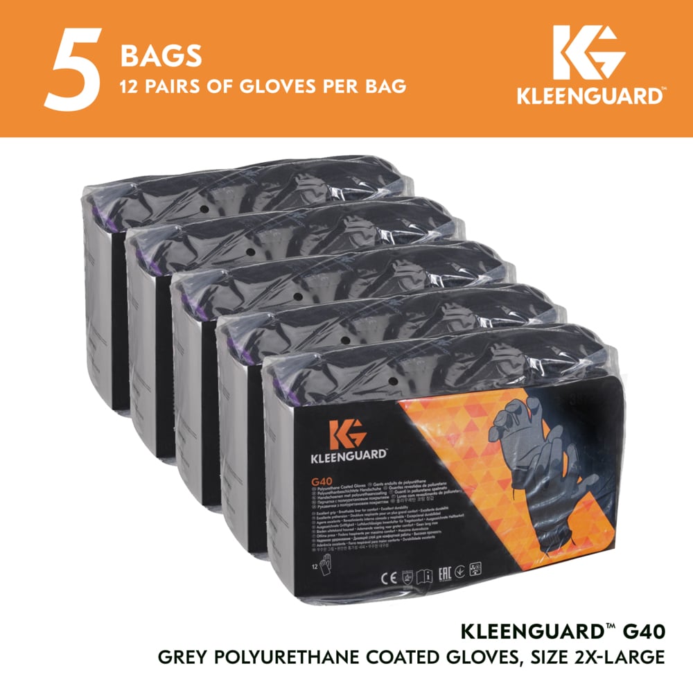 KleenGuard™ G40 Polyurethane Coated Gloves (38730), Thin Mil, Hand-Specific, Black/Grey, 2XL (12 Pairs/Bag, 5 Bags/Case, 60 Pairs/Case) - 38730