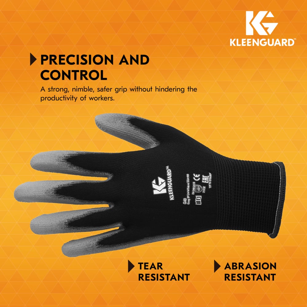 KleenGuard™ G40 Polyurethane Coated Gloves (38730), Thin Mil, Hand-Specific, Black/Grey, 2XL (12 Pairs/Bag, 5 Bags/Case, 60 Pairs/Case) - 38730