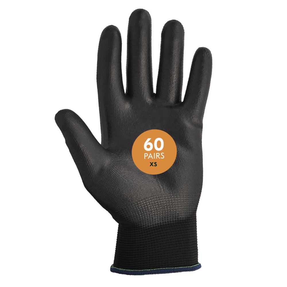 KleenGuard™ G40 Polyurethane Coated Gloves (47102), Thin Mil, Hand-Specific, Black, XS (12 Pairs/Bag, 5 Bags/Case, 60 Pairs/Case) - 47102