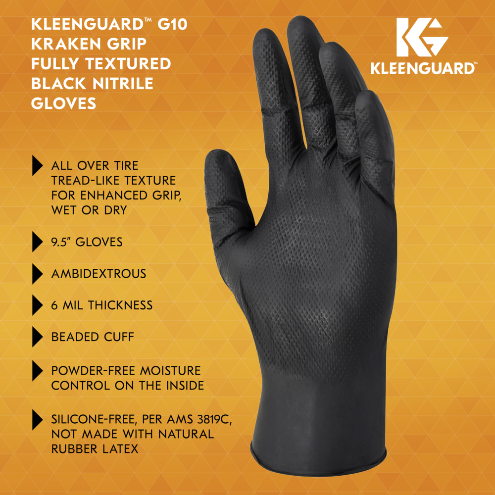 KleenGuard™ G10 Kraken Grip™ Fully Textured Black Nitrile Gloves (49279), 6 Mil, Ambidextrous, 2XL (90 Gloves/Box, 10 Boxes/Case, 900 Gloves/Case) - 49279