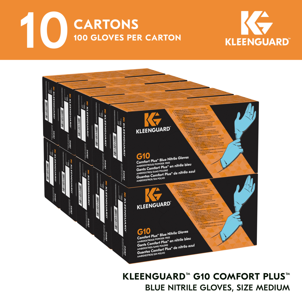 KleenGuard™ G10 Comfort Plus™ Blue Nitrile Gloves (54187), 4 Mil, Ambidextrous, Touchscreen Compatible, M (100 Gloves/Box, 10 Boxes/Case, 1,000 Gloves/Case) - 54187