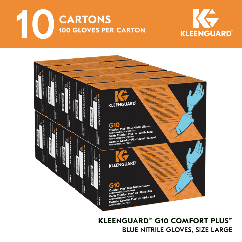 KleenGuard™ G10 Comfort Plus™ Blue Nitrile Gloves (54188), 4 Mil, Ambidextrous, Touchscreen Compatible, L (100 Gloves/Box, 10 Boxes/Case, 1,000 Gloves/Case) - 54188