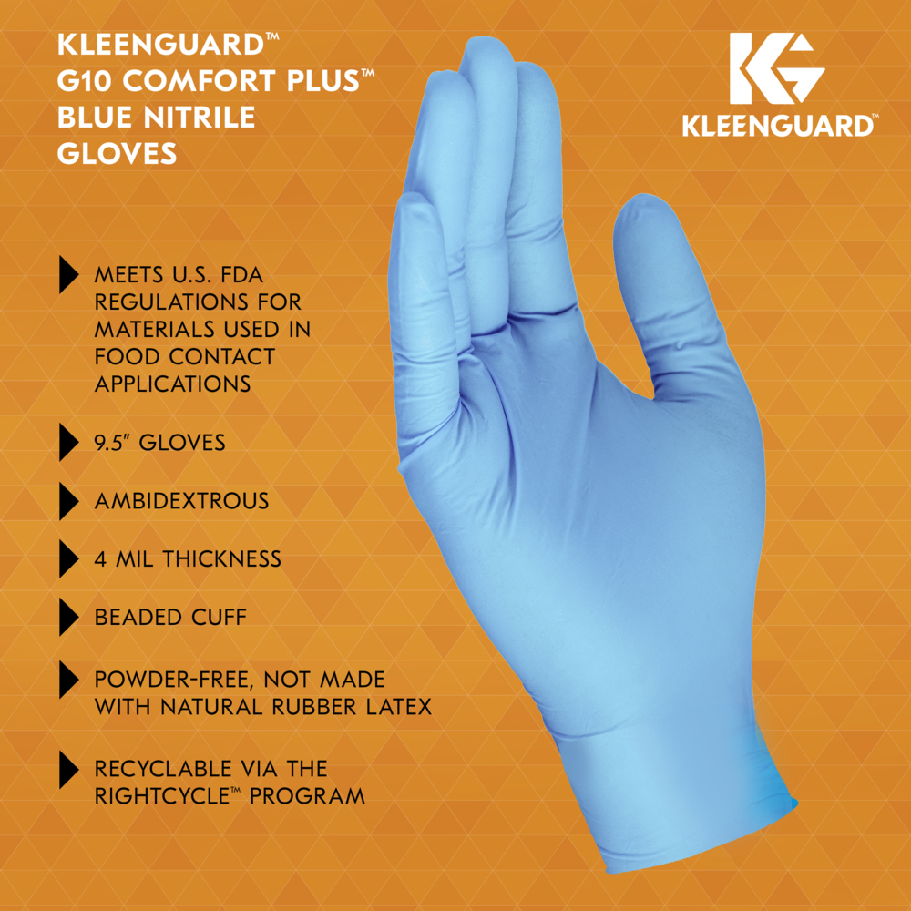 KleenGuard™ G10 Comfort Plus™ Blue Nitrile Gloves (54188), 4 Mil, Ambidextrous, Touchscreen Compatible, L (100 Gloves/Box, 10 Boxes/Case, 1,000 Gloves/Case) - 54188